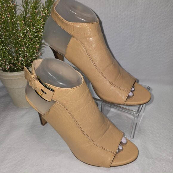 NINE WEST WOMENS PEEP TOE HEEL CAMEL COLOR LEATHER SIZE 7.5 EXCELLENT CONDITION - Picture 6 of 9